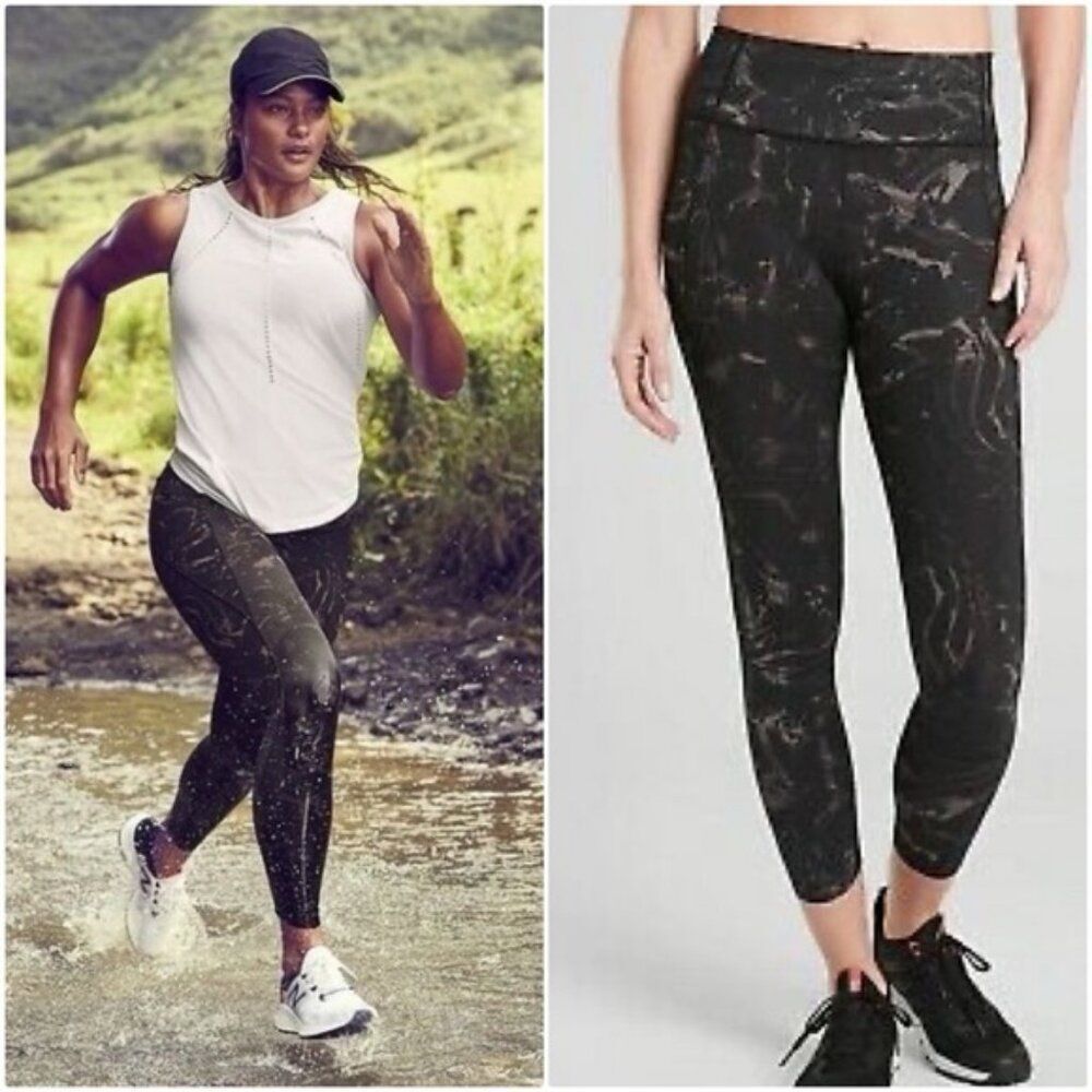 Athleta Velocity Stash Pocket Marble 7/8 Tight Leggings Black Tan Size S